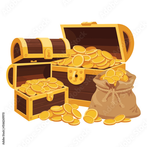 Two open treasure chests overflowing with gold coins and a sack of gold