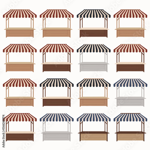 Collection of diverse market stalls with striped awnings and wooden counters