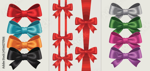 Collection of colorful decorative gift bows and ribbons for celebrations