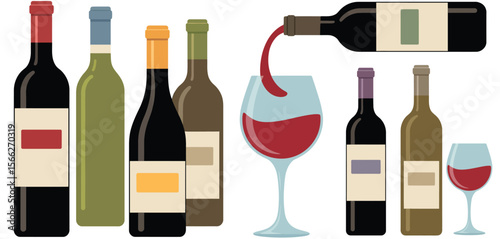 Collection of wine bottles and glasses with red wine being poured
