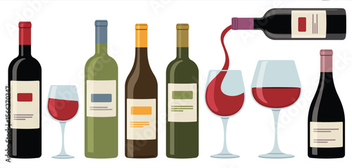 Collection of wine bottles and glasses with red wine being poured