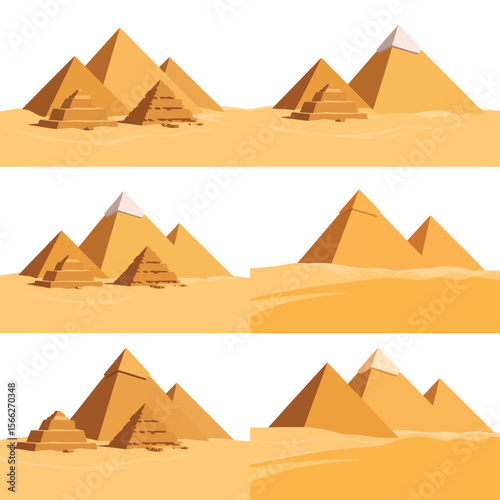 Egyptian pyramids in the desert landscape with varying details and perspectives