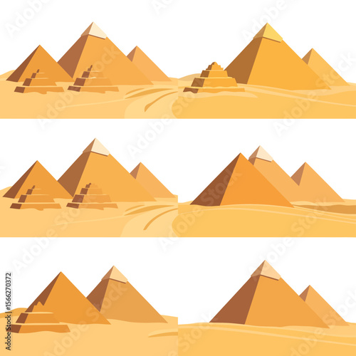 Stylized egyptian pyramids and sphinx in a sandy desert landscape