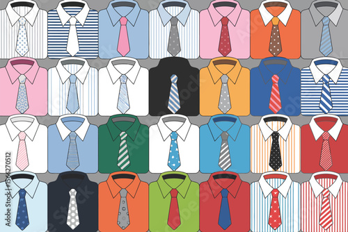 Collection of various colored dress shirts and ties arranged in a grid pattern