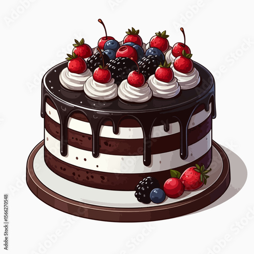 Colorful illustration of a decadent chocolate cake adorned with a variety of fresh berries and creamy frosting.