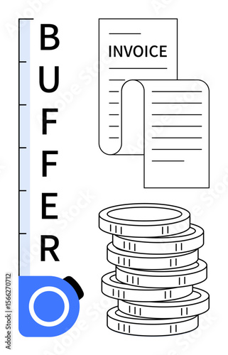 Coins stacked near invoices and a buffer progress indicator point to financial stability, expense tracking, and readiness. Ideal for finance, budgeting, savings, cash flow, planning, goals simple
