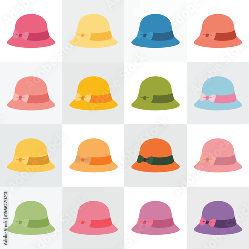 Collection of colorful cloche hats with bows and ribbons in a grid pattern