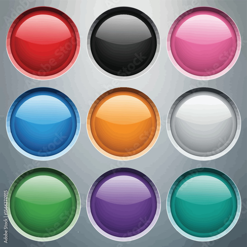 Collection of nine glossy round buttons in various vibrant colors