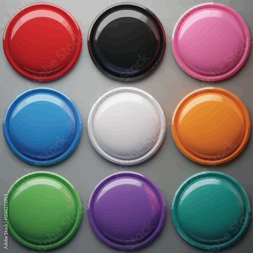 Collection of nine colorful glossy round buttons arranged in a grid pattern