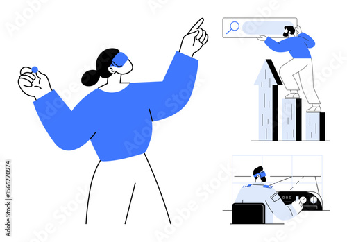 Woman pointing and holding device, man using search bar atop columns, seated individual using a computer. Ideal for teamwork, analytics, brainstorming, progress, leadership, problem-solving simple