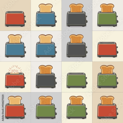A grid of colorful toasters with toast popping up in a repeating pattern