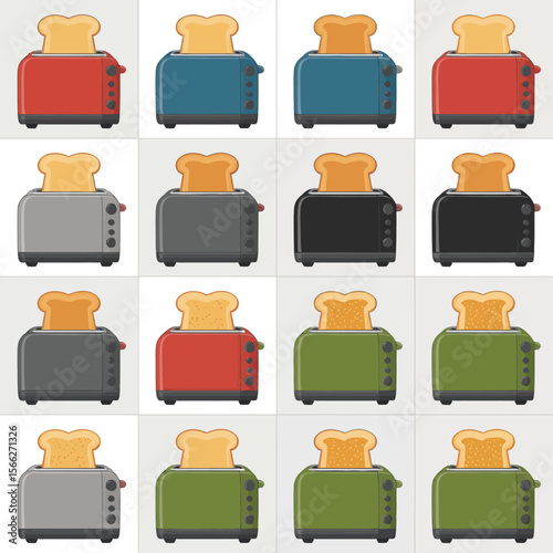 Collection of toasters with toasted bread in various colors and styles
