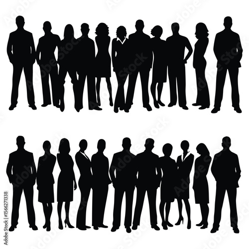 Black silhouettes show a diverse group of business professionals standing together in unity and collaboration.