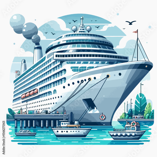 Detailed illustration of a large cruise ship at a vibrant harbor, complete with small boats and a landscape background.