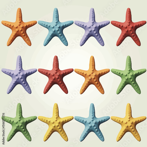 Twelve colorful starfish arranged in three rows on a light background