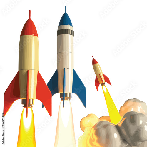 Three colorful retro rockets launching into space with smoke and fire