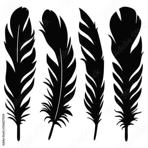 Graceful feather silhouettes showcasing elegant avian plumages in dark vector format, ideal for nature inspired graphics and designs.