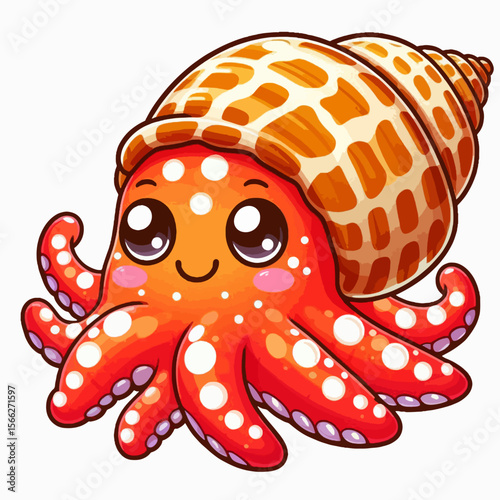 Digitally rendered, cartoonish,  adorable octopus nestled inside a patterned shell. Its expressive eyes and smiling face make it a friendly, approachable character.