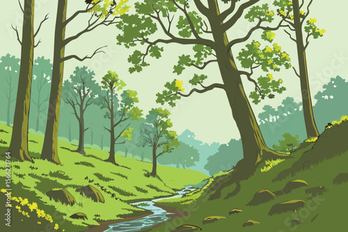 Lush green forest with winding stream and trees nature