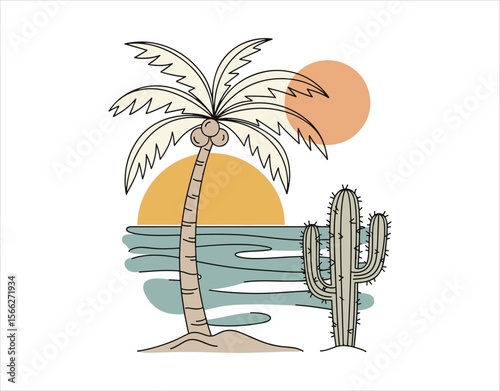 Chill boho beach summer outline features. Illustrated palm tree and cactus. Abstract minimalistic sea and sun in a trendy retro naive simple vibe.