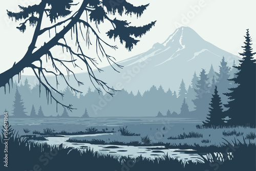 Misty mountain landscape with pine forest and stream