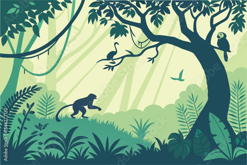 Monkey bird and parrot in lush green jungle scene forest