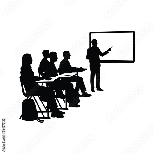 Silhouette of teacher giving presentation to students in classroom