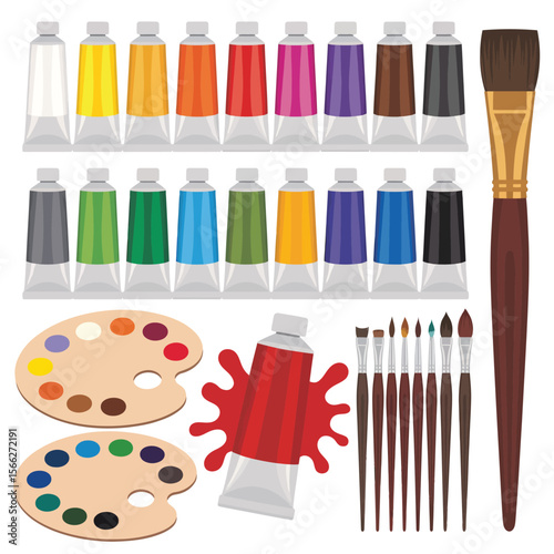 Art supplies including paint tubes palettes and brushes on a white background