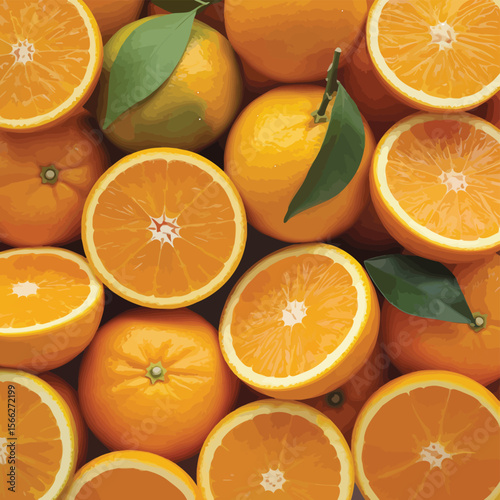 Vibrant overhead view of fresh oranges and sliced citrus fruits