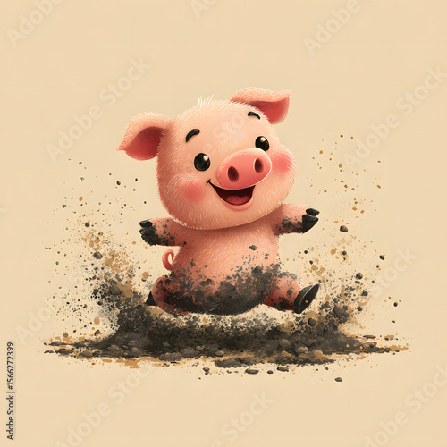 Adorable Cartoon Pig Covered in Mud Having Fun