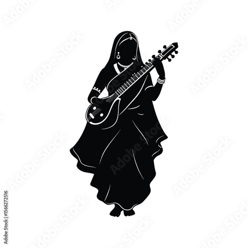 Silhouette of Indian woman playing the sitar traditional musical instrument black and white vector illustration