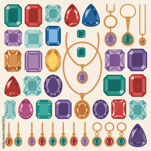 Collection of colorful faceted gemstones and jewelry designs on a plain background