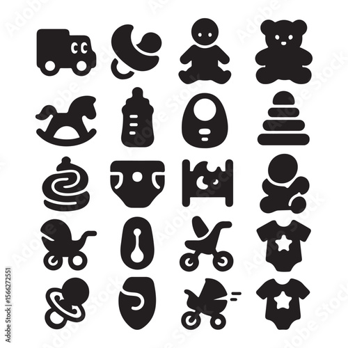 A collection of sixteen black baby icons including toys and accessories on a white background