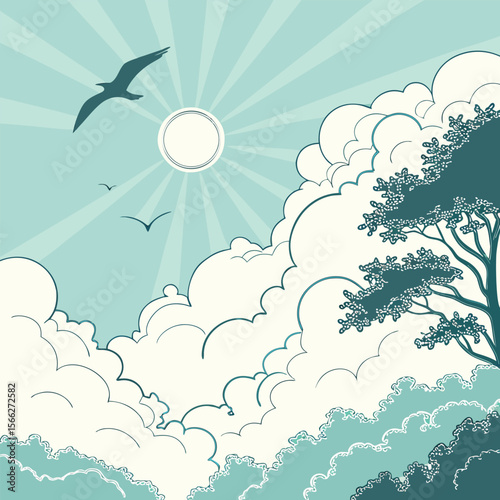 Peaceful Sky with Birds and Trees