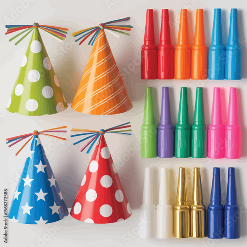 Colorful party hats and noise makers for celebrations and events