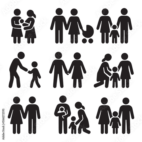 Collection of nine family stick figure illustrations in various compositions on a white background