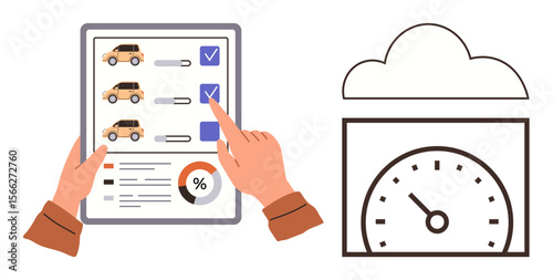 Hands selecting a car from tablet options with checkboxes, charts, and percentages. Cloud interface with a speedometer. Ideal for decision-making, technology, data, automation, vehicle management