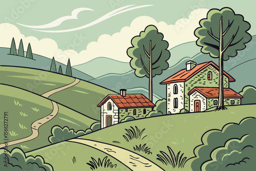 Rolling Hills Village Scene with Two Houses rural countryside