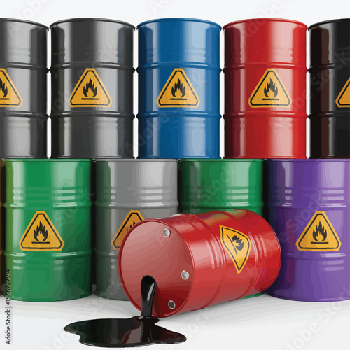 Leaking red barrel of hazardous material spilling black liquid among colorful drums