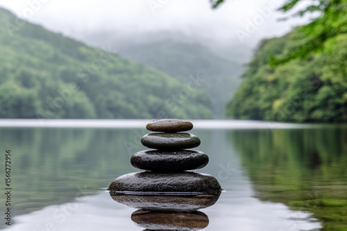 Stacked stones convey balance amidst chaos in serene surroundings
