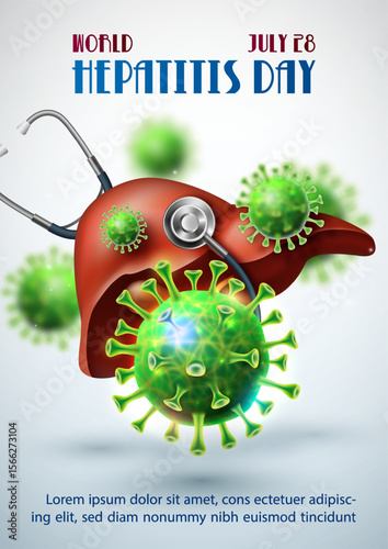 Concept and illustration poster campaign of world hepatitis day in realistic and 3d  style with Stethoscope, wording of event and example texts on light blue background.