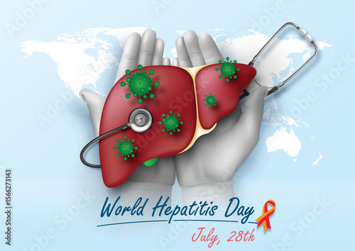 Symbol of hepatitis virus on a human liver and hand with Stethoscope in realistic style on white world map and blue background. Poster campaign of world hepatitis day in vector design.