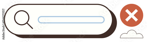 Search bar with magnifying glass icon, error symbol, and small cloud. Ideal for concepts thumbs up search, internet, error, failure, cancellation navigation and problem-solving. Minimal flat