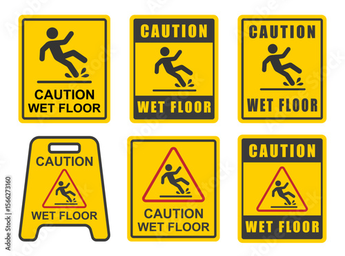 Caution Wet floor sign symbol. Warning Slippery floor Caution orange black sign plate icon. Vector illustration image. Isolated on white background.