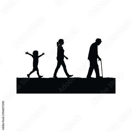 Silhouette of child adult and elderly person walking representing the stages of life