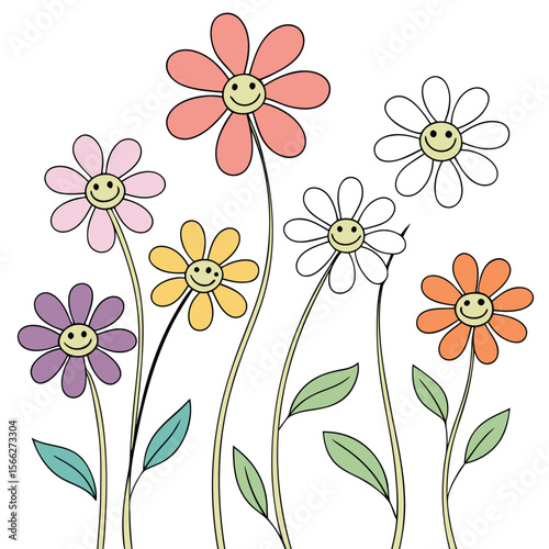Cute Cartoon Flowers with Happy Faces