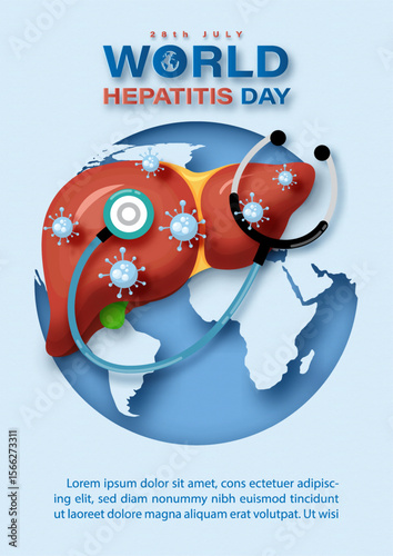 Poster campaign of world hepatitis day in paper cut style with Stethoscope, wording of event and example texts on blue background.