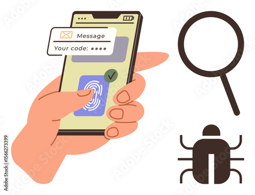 Biometric scan and code on phone, plus magnifying glass and bug icon. Ideal for cybersecurity, authentication, software testing, data protection, technology security, digital safety, simple flat