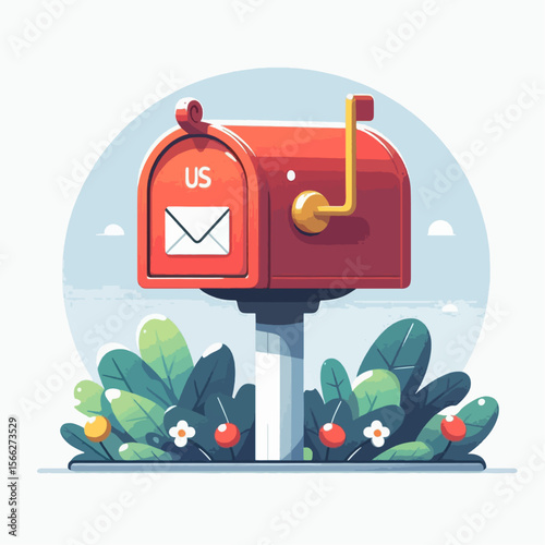 Stylized depiction of a red mailbox with an envelope, sitting on a small, plant-covered post.