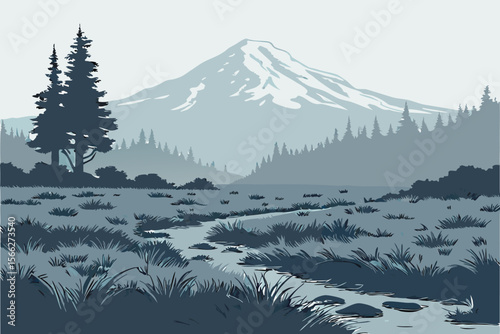 Snowy mountain peak and pine forest in morning mist